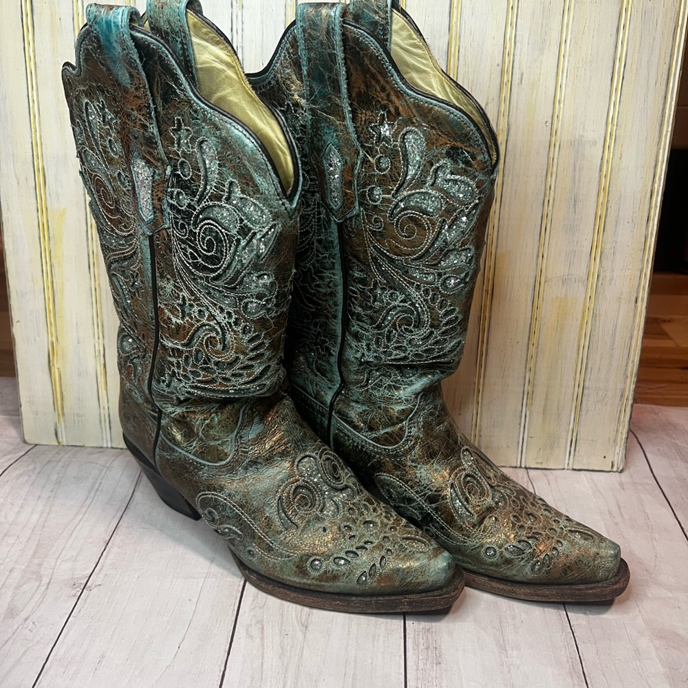 Women's Embroidered Heeled Boots - Turquoise - Picture 3 of 6